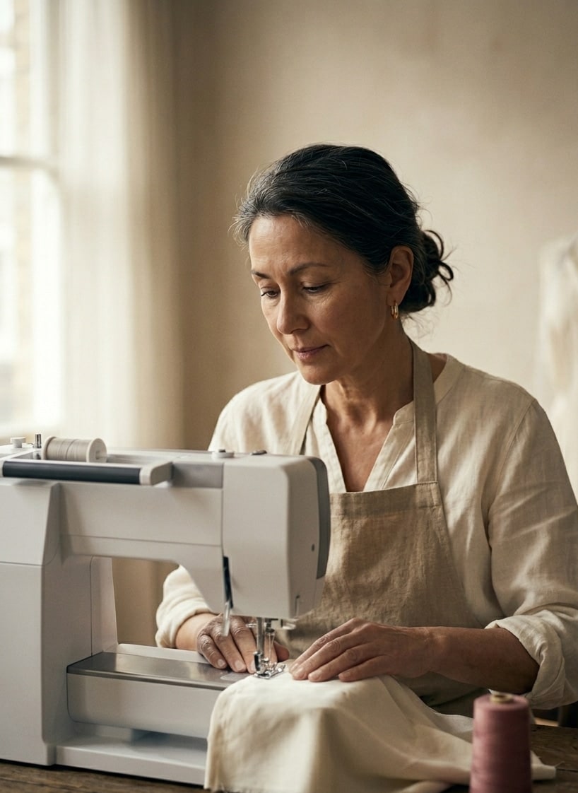 Seamstress at work in Stitching Room atelier