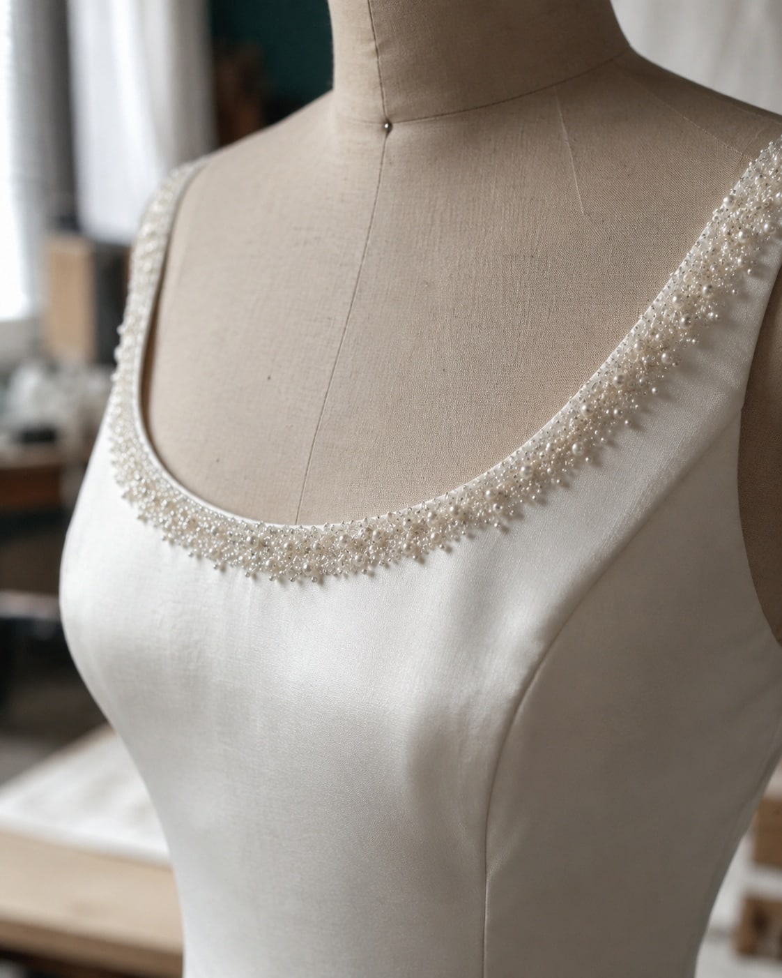 Pearl-embellished bridal bodice on a dress form