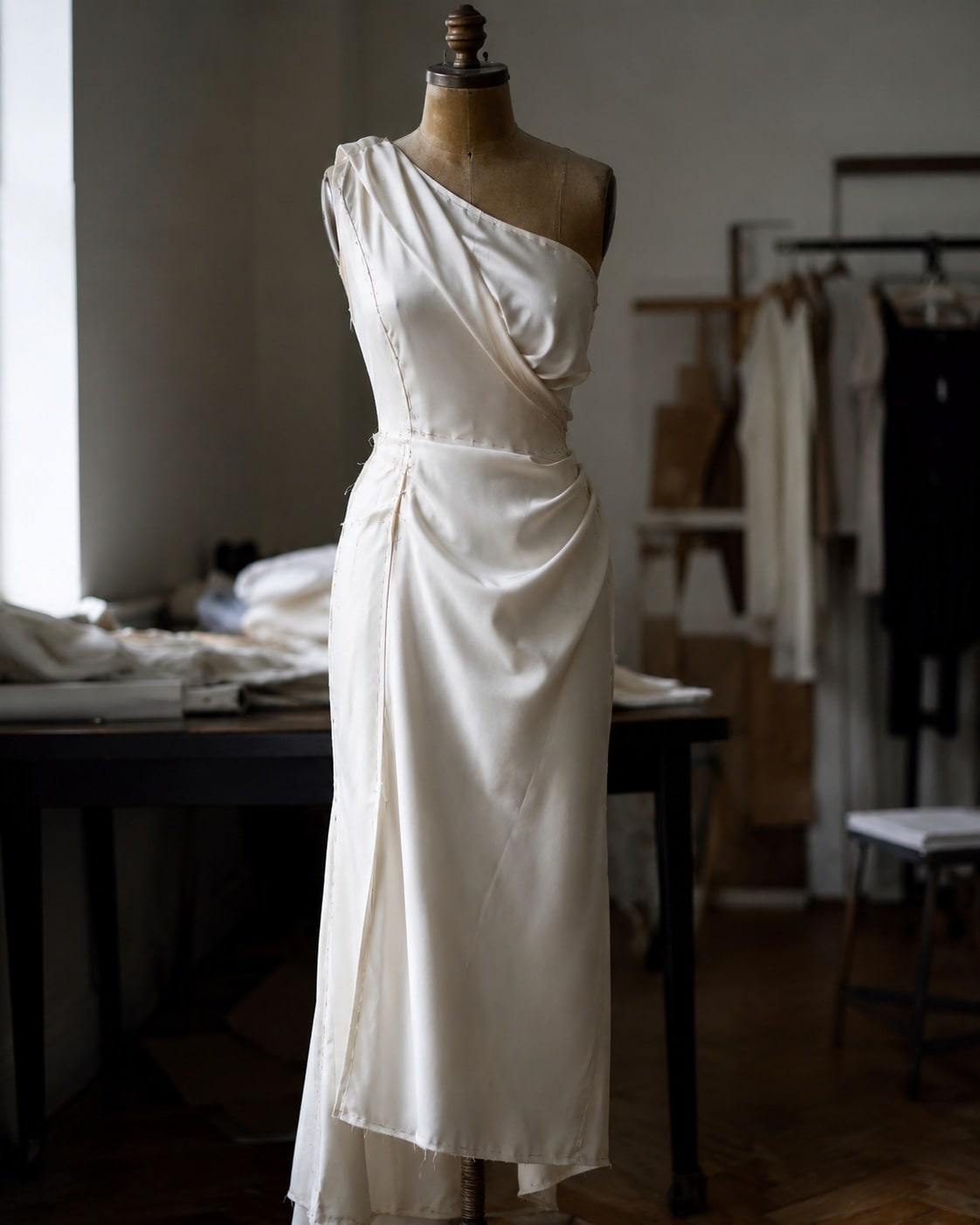 Ivory silk evening gown mid-construction
